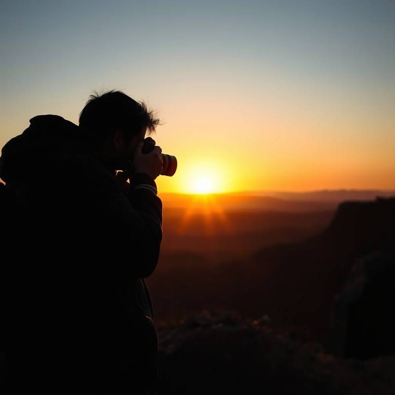 Fotógrafo capturando un amanecer en las montañas de los Andes.
