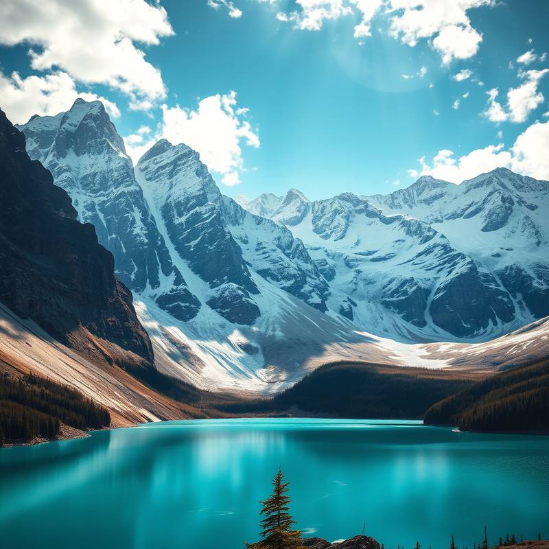 Paisaje impresionante de la Patagonia Argentina con montañas nevadas y un lago turquesa.